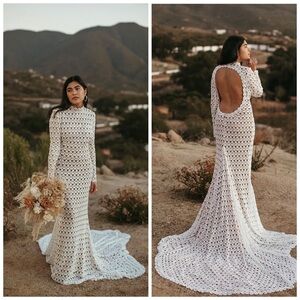 Daughters Of Simone Hollis Long Sleeve‎ White Lace Crochet Gown Maxi Dress XL